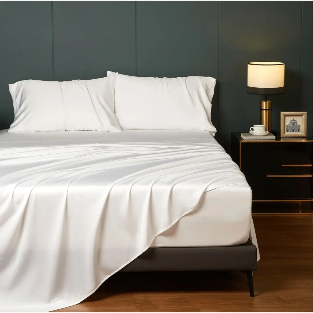 White‎ Tencel Sheet Set with Pillowcase King Modern Quiet Luxury Minimalist Chic